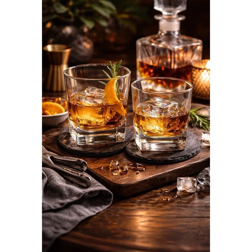 2 Modern Square Base Whiskey Glasses Heavy Bottom Rocks Tumblers- Not Same! Read